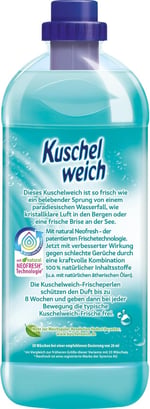 Kuschelweich Yumuşatıcı, tazelik odası, cilde uygunluğu dermatolojik olarak onaylanmıştır, yumuşatıcı Kuschelweich mikro plastik içermez, 1 litre 38 yıkama yüküne kadar, 1037,48 gram