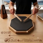Kutulu Bateri Çalışma Antrenman Pedi - 24 cm Ahşap Tabanlı Sekizgen Bateri Çalışma Pedi, Sessiz Siyah Kauçuk Baget Pratik Pedi