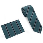 Lacivert Çizgili Turkuaz Mendilli Kravat