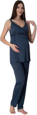 Lacivert Hamile Lohusa Emzirme Özellikli Askılı Pijama Takımı 9032, M, S9032EF-19804IGP27192887