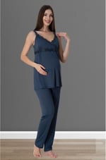Lacivert Hamile Lohusa Emzirme Özellikli Askılı Pijama Takımı 9032, M, S9032EF-19804IGP27192887