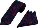 Lacivert Kırmızı Motif Desen Kravat Mendil Set