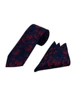 Lacivert Kırmızı Motif Desen Kravat Mendil Set