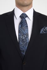 Lacivert Mavi Şal Motif Desen Kravat Mendil Set