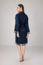 Lacivert Saten Bukle Bambu Cotton Bayan Bornozu Lacivert L/XL