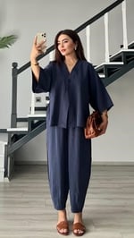 Lacivert Tek Düğme Bluz-Pantolon Takım - Bedenler: S, M
