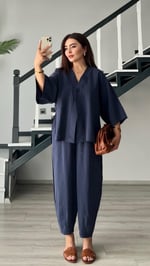Lacivert Tek Düğme Bluz-Pantolon Takım - Bedenler: S, M