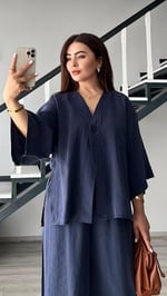 Lacivert Tek Düğme Bluz-Pantolon Takım - Bedenler: S, M