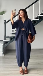 Lacivert Tek Düğme Bluz-Pantolon Takım - Bedenler: S, M
