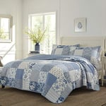 Laura Ashley Home | Yorgan Takımı - 100, Ters Çevrilebilir, Hafif ve Nefes Alabilir Yatak Takımı, Ekstra Yumuşaklık için Önceden Yıkanmış, Pamuk, Mavi, İkiz