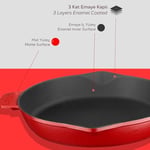 Lava Spring Serisi, Döküm Kızartma Tavası, Yuvarlak, 28 cm, Mat Emaye, Parlak Siyah Taban, Kırmızı