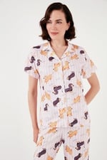 Lela Desenli Kısa Kollu Beli Lastikli Gömlek Yaka Dokuma Regular Fit Pijama Takımı (PEMBE, M)