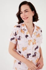Lela Desenli Kısa Kollu Beli Lastikli Gömlek Yaka Dokuma Regular Fit Pijama Takımı (PEMBE, XL)