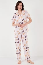 Lela Desenli Kısa Kollu Beli Lastikli Gömlek Yaka Dokuma Regular Fit Pijama Takımı (PEMBE, M)