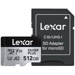 Lexar 512 GB Profesyonel Silver Plus microSDXC Hafıza Kartı w/SD Adaptör, UHS-I, C10, U3, V30, Full-HD ve 4K Video, 205/150 MB/s'ye kada - Seçenekler: 1TB, 128GB, 256GB, 512GB, 2'li Paket, Tek Kişilik