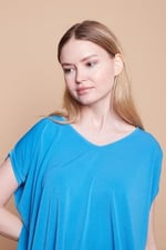 Likralı Krep Kumaş V Yaka Salaş Yanı Yırtmaçlı Oversize Bluz-Mavi