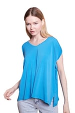 Likralı Krep Kumaş V Yaka Salaş Yanı Yırtmaçlı Oversize Bluz-Mavi