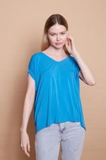 Likralı Krep Kumaş V Yaka Salaş Yanı Yırtmaçlı Oversize Bluz-Mavi