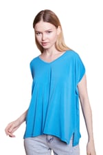 Likralı Krep Kumaş V Yaka Salaş Yanı Yırtmaçlı Oversize Bluz-Mavi
