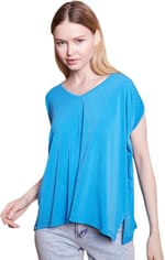 Likralı Krep Kumaş V Yaka Salaş Yanı Yırtmaçlı Oversize Bluz-Mavi