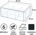 Lirazon 6 Bölmeli Plastik Çay Kutusu – Şeffaf Kapaklı, Gıda Dostu, Düzenleyici Kutu, Baharat/Çerez/Şeker Saklama Kabı – Mutfak Organizeri