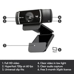Logitech C922 PRO HD Web Kamerası, 1080p/30 FPS Çözünürlük, RightLight 2 ile Otomatik Işık Düzeltme, Çift Gürültü Önleyici Mikrofon, Premium XSplit Lisanslı, Siyah
