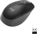 Logitech M190 kablosuz fare, iki elle kullanım için kavisli tasarım, 18 ay pil ömrü artı güç tasarrufu modu, USB alıcısı, geniş tekerlek sayesinde hassas kontrol, tuşlar, siyah