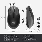 Logitech M190 kablosuz fare, iki elle kullanım için kavisli tasarım, 18 ay pil ömrü artı güç tasarrufu modu, USB alıcısı, geniş tekerlek sayesinde hassas kontrol, tuşlar, siyah