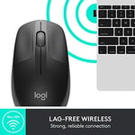 Logitech M190 kablosuz fare, iki elle kullanım için kavisli tasarım, 18 ay pil ömrü artı güç tasarrufu modu, USB alıcısı, geniş tekerlek sayesinde hassas kontrol, tuşlar, siyah
