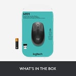 Logitech M190 kablosuz fare, iki elle kullanım için kavisli tasarım, 18 ay pil ömrü artı güç tasarrufu modu, USB alıcısı, geniş tekerlek sayesinde hassas kontrol, tuşlar, siyah