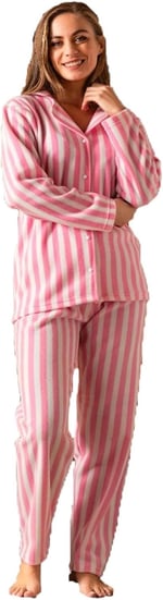 Lukitus Çizgili Düğmeli Gömlek Yaka Peluş Polar Pijama Takımı