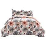Lush Decor Leah Çift Taraflı Çiçekli Yorgan Seti, 3 Parça Set, Kral, Mercan ve Gri - Büyüleyici Çiçekli Yatak Seti - Büyük Çiçek Açan Sulu Boya Çiçekler