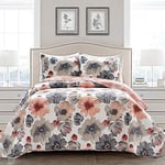 Lush Decor Leah Çift Taraflı Çiçekli Yorgan Seti, 3 Parça Set, Kral, Mercan ve Gri - Büyüleyici Çiçekli Yatak Seti - Büyük Çiçek Açan Sulu Boya Çiçekler