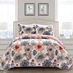 Lush Decor Leah Çift Taraflı Çiçekli Yorgan Seti, 3 Parça Set, Kral, Mercan ve Gri - Büyüleyici Çiçekli Yatak Seti - Büyük Çiçek Açan Sulu Boya Çiçekler