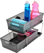 madesmart 2 Katlı Düzenleyici Bölücülü - Banyo Koleksiyonu Saplı Kaydırmalı Sepetler, Yer Tasarrufu, Çok Amaçlı Depolama ve BPA İçermez, Büyük, Karbon