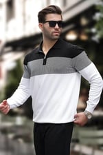 Madmext Kahverengi Fermuar Yaka Renk Bloklu Uzun Kollu Kazak 7262 - Bedenler: S, M, L, XL, XXL
