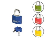 Master Lock Anahtarlı Asma Kilit Masif Alüminyum Vinil Kaplamalı, Mavi, Sarı, Kırmızı, 5,2 cm x 3 cm x 1,6 cm