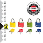 Master Lock Anahtarlı Asma Kilit Masif Alüminyum Vinil Kaplamalı, Mavi, Sarı, Kırmızı, 5,2 cm x 3 cm x 1,6 cm