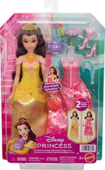 Mattel Disney Prensesi oyuncakları, 2 farklı görünüme sahip Belle bebek, 9 aksesuar, takılıp çıkarılabilen 2 büstiyer ve 2 etek, filmden ilham alan 2'si 1 arada hikayeler, JFJ82