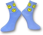 Me-vo Tekli Mavi Bay/Bayan Unisex Esnek Nem Alabilen Pamuklu Emoji Desenli Soket Çorap