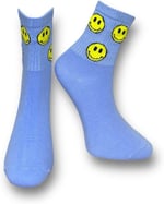 Me-vo Tekli Mavi Bay/Bayan Unisex Esnek Nem Alabilen Pamuklu Emoji Desenli Soket Çorap