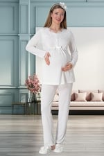Mecit 1924 Ekru Dört Parça Hamile Lohusa Set - Bedenler: M, L, XX-Large, XL