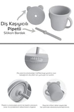 Meleni Baby 4'lü Silikon Beslenme Seti - Mama Önlüğü - Vakumlu Mama Kasesi - Pipetli Bardak - Kaşık - Gri