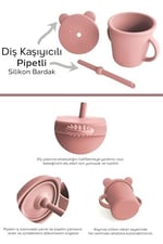 Meleni Baby 4'lü Silikon Beslenme Seti - Mama Önlüğü - Vakumlu Mama Kasesi - Pipetli Bardak - Kaşık - Pembe