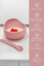 Meleni Baby 4'lü Silikon Beslenme Seti - Mama Önlüğü - Vakumlu Mama Kasesi - Pipetli Bardak - Kaşık - Pembe