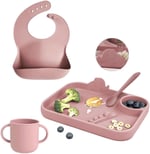 Meleni Baby 4'lü Silikon Beslenme Seti- 3 Bölmeli Beslenme Tabağı- Kaşık - Önlük- Bardak - Pembe