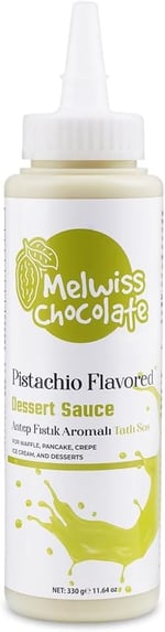 Melwiss Chocolate Antep Fıstık Aromalı Tatlı Sos 330 g – Akışkan kıvamlı Waffle, Pankek, Krep, Dondurma, Kahve ve Tatlılar için Pratik Sıkılabilir Sos