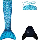 Mermaids Blue Deniz Kızı Bikini Kostüm Seti, 3'lü Takım, Mavi,%80 Polyester,%20 Elastan, Lycra Xtra Life Kumaş, 3D Efektli Pullu Tasarım, Yaş Seçeneği