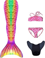Mermaids Cancun Deniz Kızı Kostümü, 4'lü Takım, Çok Renkli,%80 Polyester,%20 Elastan, 3D Pullu, Monofin Destekli ve Kuyruk Detaylı, Yaş Seçeneği