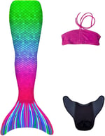 Mermaids Deniz Kızı 3'lü Takım Bikini Kostüm Seti, Çok Renkli, 6-10 Yaş,%80 Polyester%20 Elastan, 3D Pullu, Monofin Yüzgeçli